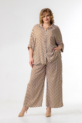 Костюм весенне-летний (рубашка+штаны) из штапеля, коричневый принт