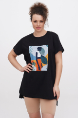 Футболка oversize трикотажная черная удлиненная с принтом