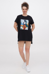Футболка oversize трикотажная черная удлиненная с принтом