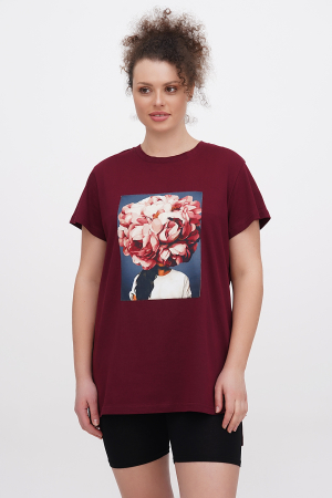 Футболка oversize з трикотажу бордо з принтом квіти